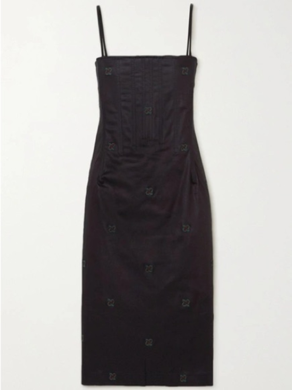 Miaou Black Embroidered Slip Midi Dress with Spaghetti Straps